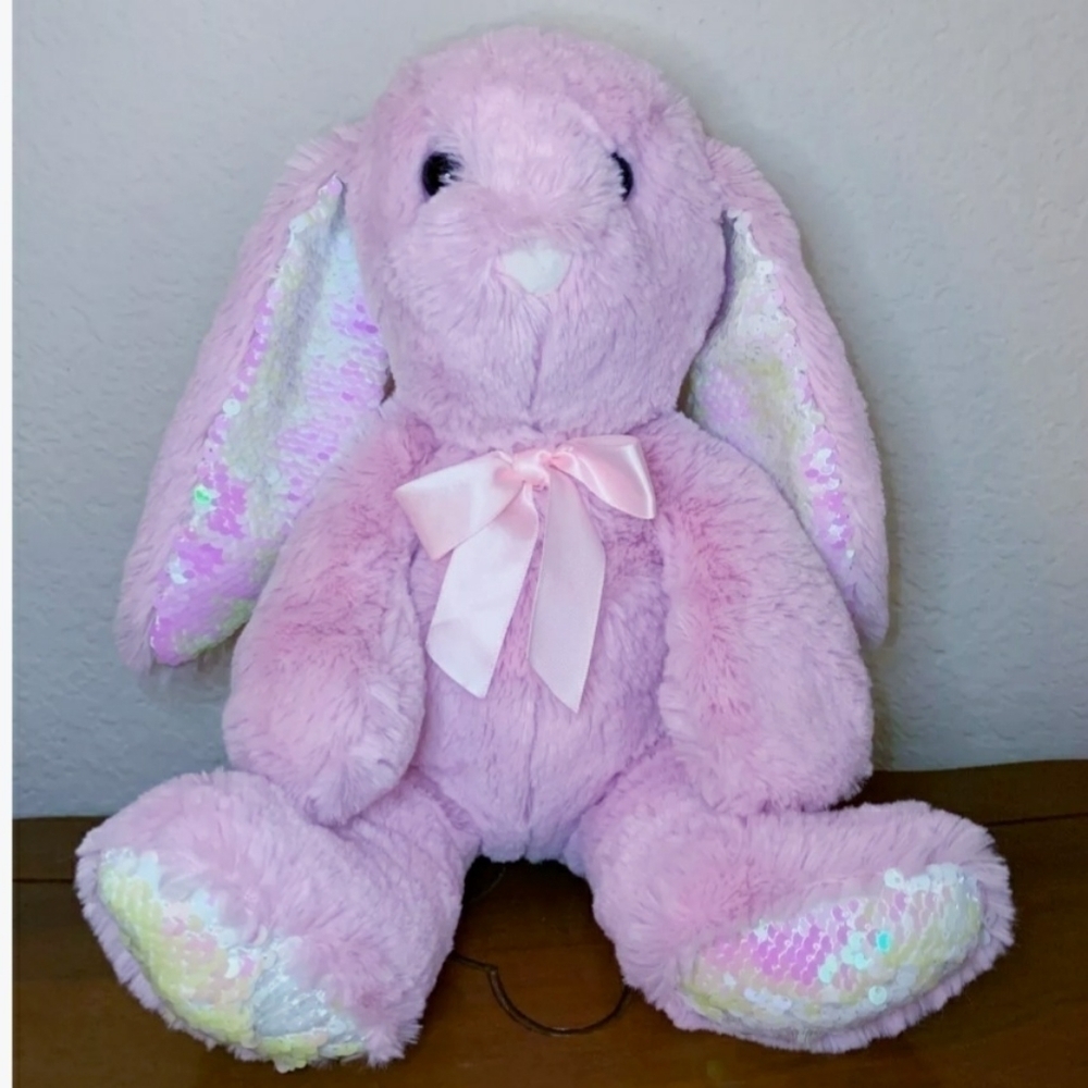 Kellytoy Bee Happy Easter Bunny Rabbit Flop Ear Pink Sequins Plush Stuffed EUC